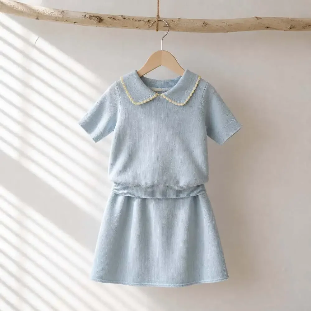 Scout & Story Girls Blue Knit Collared Sweater and Skirt Set